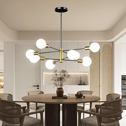 Modern Sputnik Chandelier, Ceiling Light Fixture Flush Mount 8-Light Black and Gold Chandeliers for Living Room Bedroom Dining Room Kitchen, Mid Century Chandeliers, E26 Base,(Bulbs Not Included)