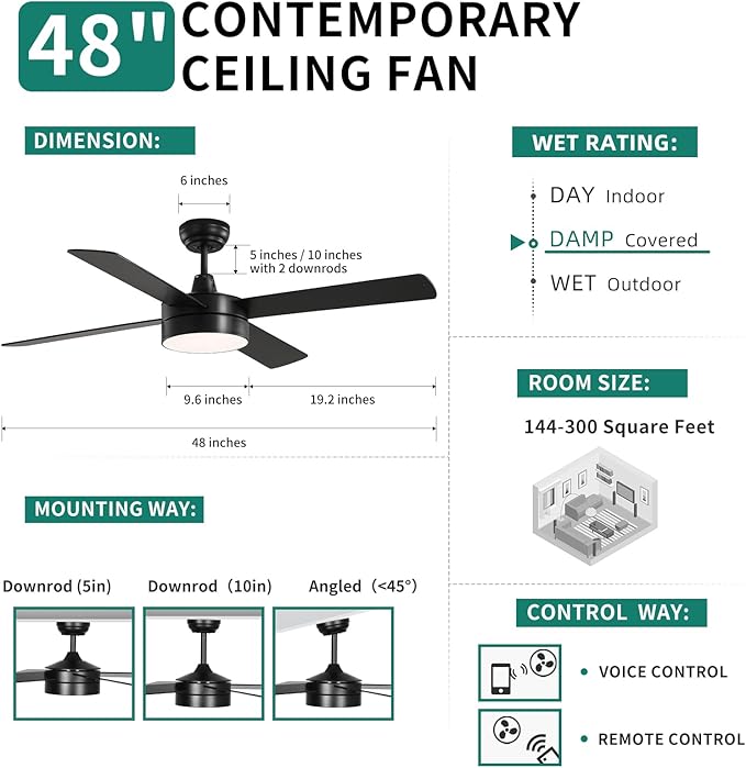 YITAHOME 48 Inch Black Ceiling Fan with Lights and Remote,4 Blades, App Control, Modern Smart Ceiling Fan Compatible with Alexa for Indoor, Reversible Quiet Motor, Memory Function
