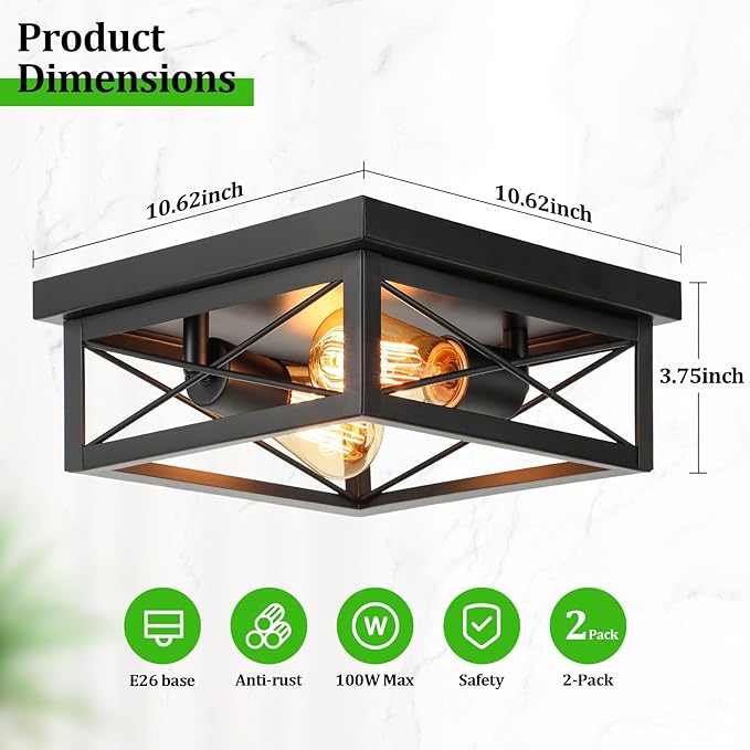 Kondras 2-Light Industrial Square Flush Mount Ceiling Light, Farmhouse Ceiling Light Fixture for Kitchen, Modern Black Close to Ceiling Light for Hallway Bedroom Balcony Porch Stairway, E26, 2-Pack