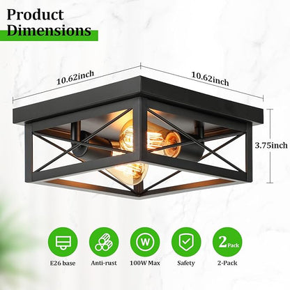 Kondras 2-Light Industrial Square Flush Mount Ceiling Light, Farmhouse Ceiling Light Fixture for Kitchen, Modern Black Close to Ceiling Light for Hallway Bedroom Balcony Porch Stairway, E26, 2-Pack