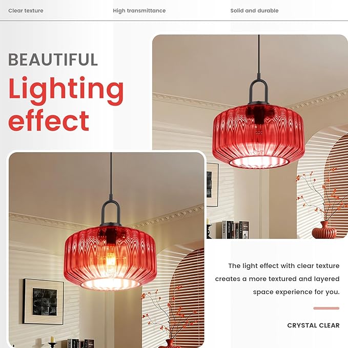 Kitchen Island Pendant Light Fixture Red Glass Hanging Lights with 11" Hand Blown Glass Shade Vintage Modern Ceiling Pendant Lighting Black Metal Finish Dining Room Adjustable Height