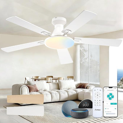 Amico Ceiling Fans with Lights, 52 inch Smart Ceiling Fan with Remote/APP/Alexa Control, Flush Mount, Reversible DC Motor, 5 Blades, 6 Speeds, 3CCT, Dimmable, Noiseless, Bedroom, Living Room, White