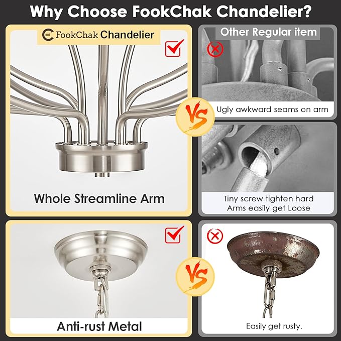 12 Light Brushed Nickel Chandelier, Large Chandeliers for High Ceilings, 36inch Metal Chrome Chandelier Light Fixture Metal Candle Chandelier with Long Chain for Dining Foyer Kitchen Bedroom