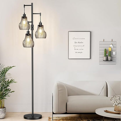 Ziisee Dimmable Floor Lamp, 3 x 800LM LED Edison Bulbs Included, Farmhouse Industrial Floor Lamp Standing Tree Lamp with Elegant Cage Tall Lamps for Living Room Bedroom Office - Black