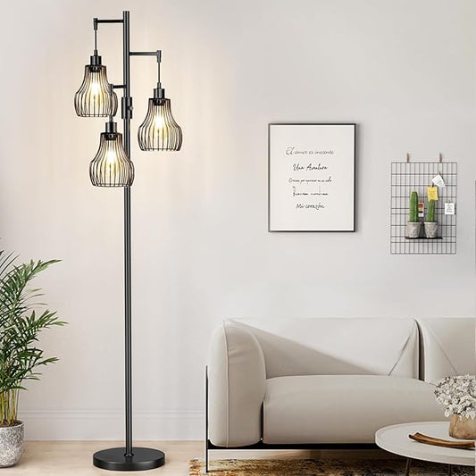 Ziisee Dimmable Floor Lamp, 3 x 800LM LED Edison Bulbs Included, Farmhouse Industrial Floor Lamp Standing Tree Lamp with Elegant Cage Tall Lamps for Living Room Bedroom Office - Black