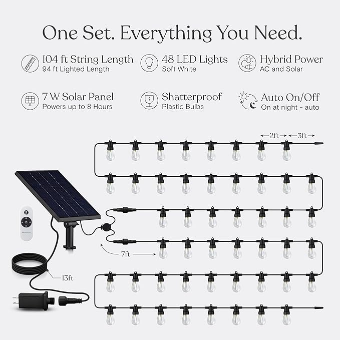 Brightech Ambience Hybrid Outdoor String Lights - Dual Plug and Solar Powered Waterproof LED Light String for Outside - Dimmable Color Changing Edison Bulbs for Camping, Patio, Cafe, Yard - 104ft, 7W