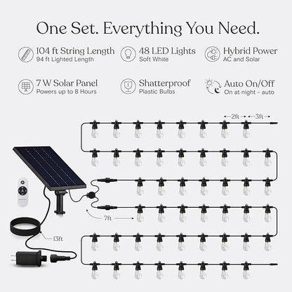 Brightech Ambience Hybrid Outdoor String Lights - Dual Plug and Solar Powered Waterproof LED Light String for Outside - Dimmable Color Changing Edison Bulbs for Camping, Patio, Cafe, Yard - 104ft, 7W