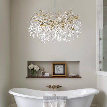 EGM Gold Tree Branch Crystal Chandelier, 32 Inch Modern Raindrop Crystal Ceiling Light Fixtures 10-Light(E12), Hanging Round Chandeliers for Dining Room Living Room Bedroom Foyer