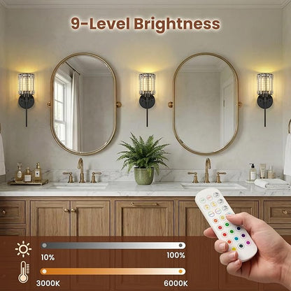 1- Pack Crystal Battery Operated Wall Sconces, Brushed Gold Rechargeable Wireless Wall Sconce Lights with Dimmable Bulbs and Remote, 12 Colors and 3CCT Dimmable Crystal Lamps for Living Bedroom