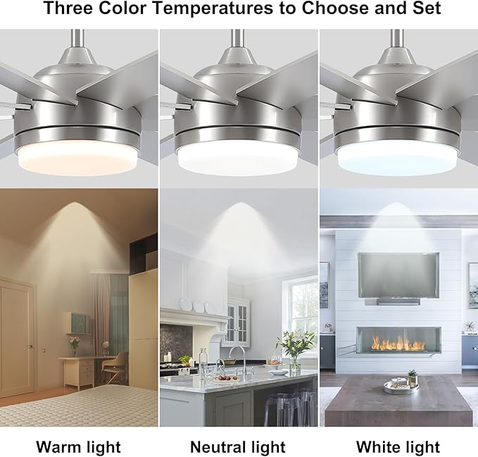YUHAO 72 Inch Brushed Nickel Ceiling Fan with Light and Remote Control.Noiseless,Dimmable,3CCT,6 Speeds Reversible, DC Ceiling Fans for Indoor or Covered Outdoor