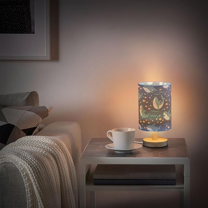 Table Lamp Marine Shark Fish Bubble Pattern Nightstand Lamp with Wood Base Fabric Lamp Shade Bedside Desk Lamp for Living Room Bedroom Kids Room Office