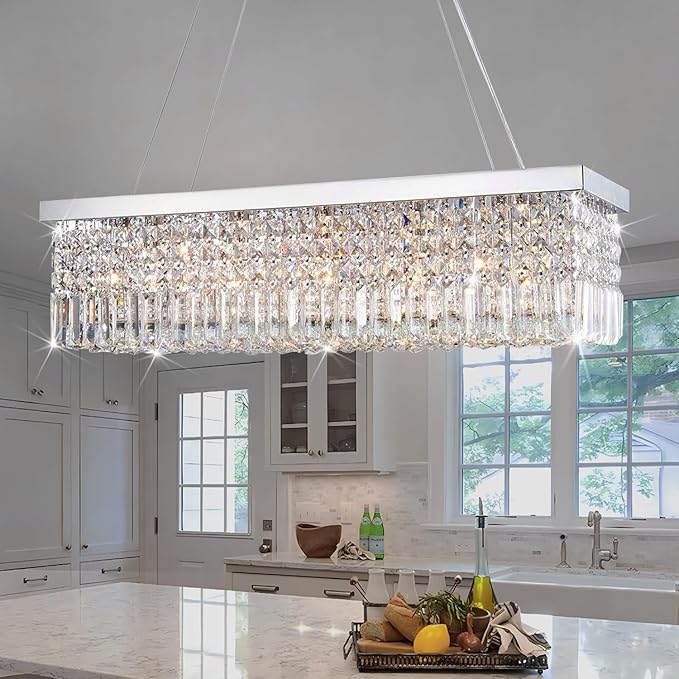 Rectangular Chandeliers for Dining Room, Modern Rain Drop Chandeliers, Hanging Pendant Crystal Chandelier Light for Kitchen Island, Beautiful Ceiling Light Fixture for Cafes Office of CRYSTOP