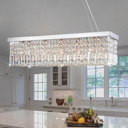 Rectangular Chandeliers for Dining Room, Modern Rain Drop Chandeliers, Hanging Pendant Crystal Chandelier Light for Kitchen Island, Beautiful Ceiling Light Fixture for Cafes Office of CRYSTOP