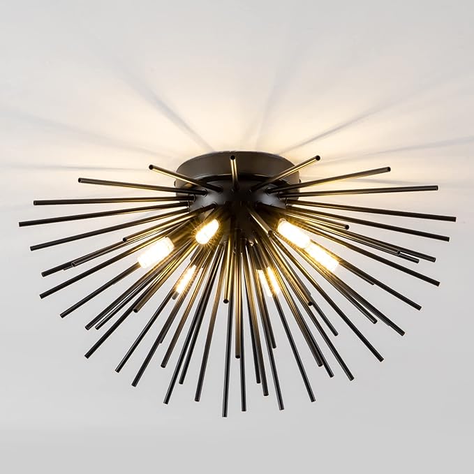 CM MZY Black Flush Mount Ceiling Lights, Mid Century Starburst Sputnik Chandeliers, 6-Light Close to Ceiling Lighting Fixtures for Bedroom Kitchen Hallway Entryway Closet, G9 Socket