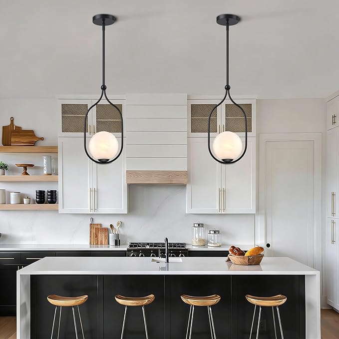 Globe Pendant Light, Modern Bubble Chandelier and Hand Blown Glass Chandelier with Black Finish Adjustable Rods for Kitchen Island Dinning Room Bedroom Living Room Home Owners