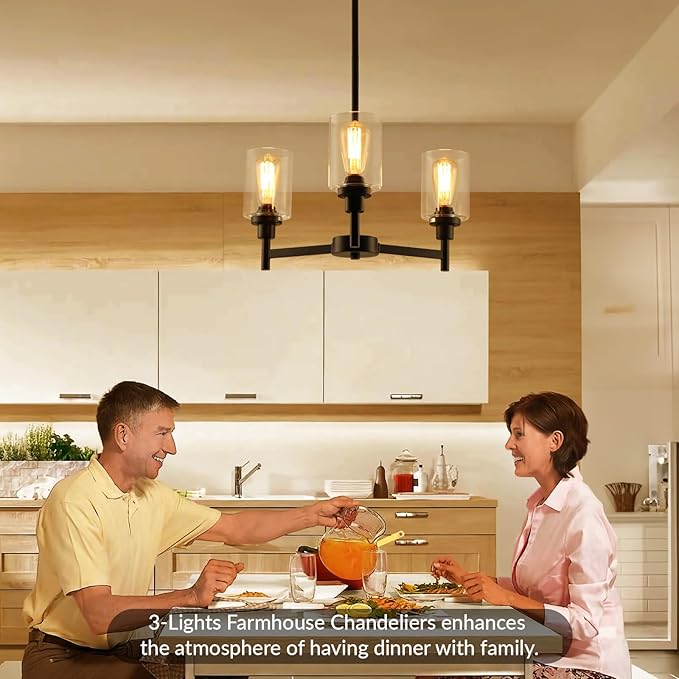 LIGHTDAMY 3 Lights Black Chandeliers for Dining Room Light Fixture Over Table, Entryway Chandelier for Foyer, Hallway Lighting Fixtures with Glass Shade for Dining Room Kitchen Island Foyer Hallway