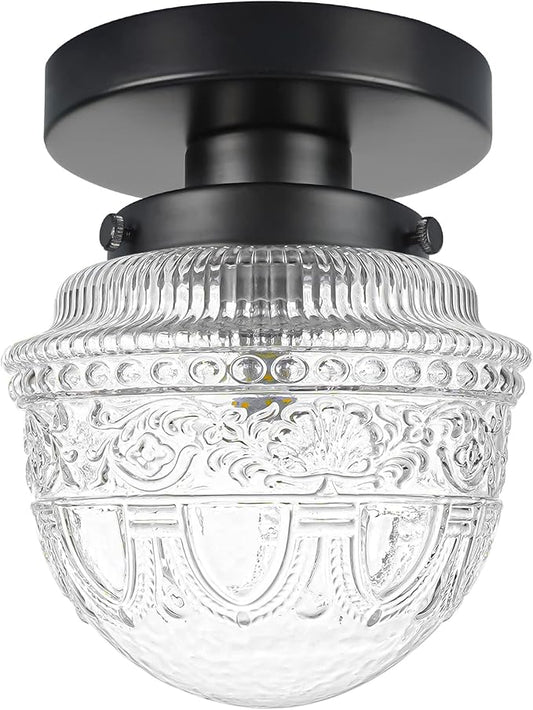 DSMJFU Black Semi Flush Mount Ceiling Light, Small Hallway Light Fixture, Vintage Close to Ceiling Light Fixture for Bathroom, Entryway, Foyer, Closet
