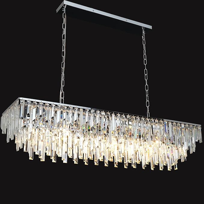 Rectangle Crystal Chandelier 47 Inch, 14-Light Dining Room Chandelier Over Table, Chrome Modern Contemporary Pendant Light, Raindrop Hanging Ceiling Lighting Fixture for Kitchen Living Room