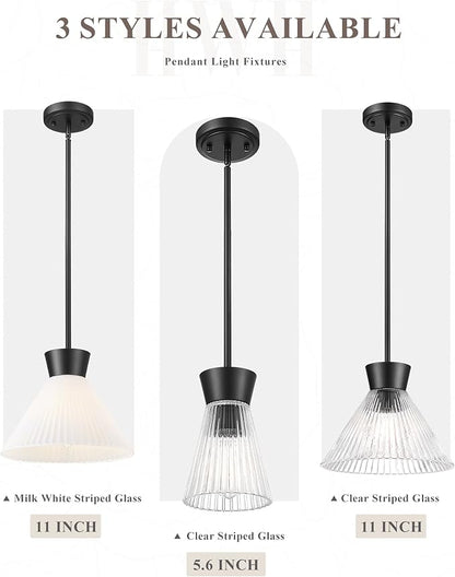 Pendant Lights Kitchen Island, HWH Hanging Light Fixture Set of 2, 5.6 Inch Pendant Light Fixtures Ceiling with Clear Striped Glass, Matte Black Finish, 5HZG107MIL-2PK BK