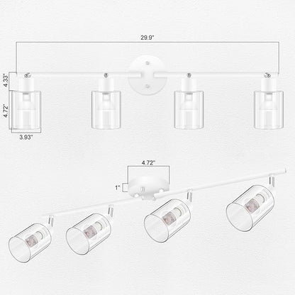 BoostArea 4-Light Bathroom Light Fixtures, White Modern Vanity Wall Lights with Clear Glass Shade, Flexibly Ceiling Light for Mirror Kitchen Living Room Hallway Cabinet Porch