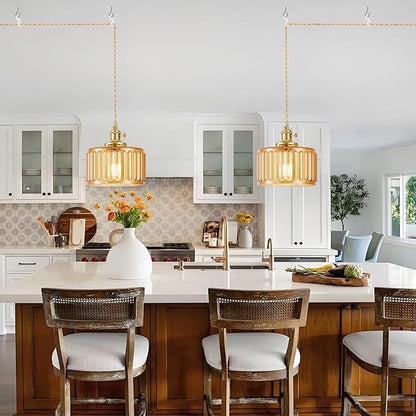 Plug in Pendant Light, Hanging Lights with Plug in Cord, Hanging Light Fixture with Clear Glass, E26 Pendant Lighting for Kitchen Island, Bedroom, Dining Room- Amber Color