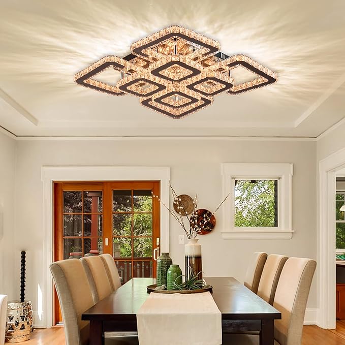 FRIXCHUR Square Crystal Chandelier 20 Inch Flush Mount Ceiling Light 8 Light Modern LED Crystal Ceiling Fixture with 3 Color Light for Bedroom Living Room Dining Room