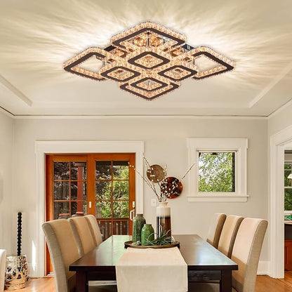 FRIXCHUR Square Crystal Chandelier 20 Inch Flush Mount Ceiling Light 8 Light Modern LED Crystal Ceiling Fixture with 3 Color Light for Bedroom Living Room Dining Room