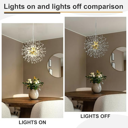 Modern Dandelion Firework Chandelier, Gold Bathroom Chandelier, Crystal Hanging Pendant Lighting Fixture for Dining Room, Bedroom, Entryway, Foyer, 9-Light