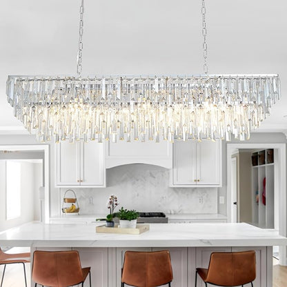 Rectangle Crystal Chandelier 47 Inch, 14-Light Dining Room Chandelier Over Table, Chrome Modern Contemporary Pendant Light, Raindrop Hanging Ceiling Lighting Fixture for Kitchen Living Room