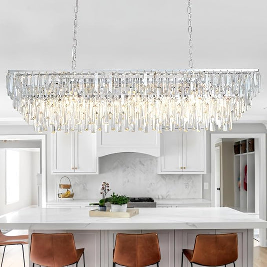 Rectangle Crystal Chandelier 47 Inch, 14-Light Dining Room Chandelier Over Table, Chrome Modern Contemporary Pendant Light, Raindrop Hanging Ceiling Lighting Fixture for Kitchen Living Room