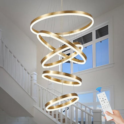 Benkut 5-Rings Modern LED Chandelier Gold High Ceiling Chandelier with Remote Control Dimmable Pendant Lighting for Dining Room Foyer Living Room Entryway Staircase(3000K-6500K, D23.6in)