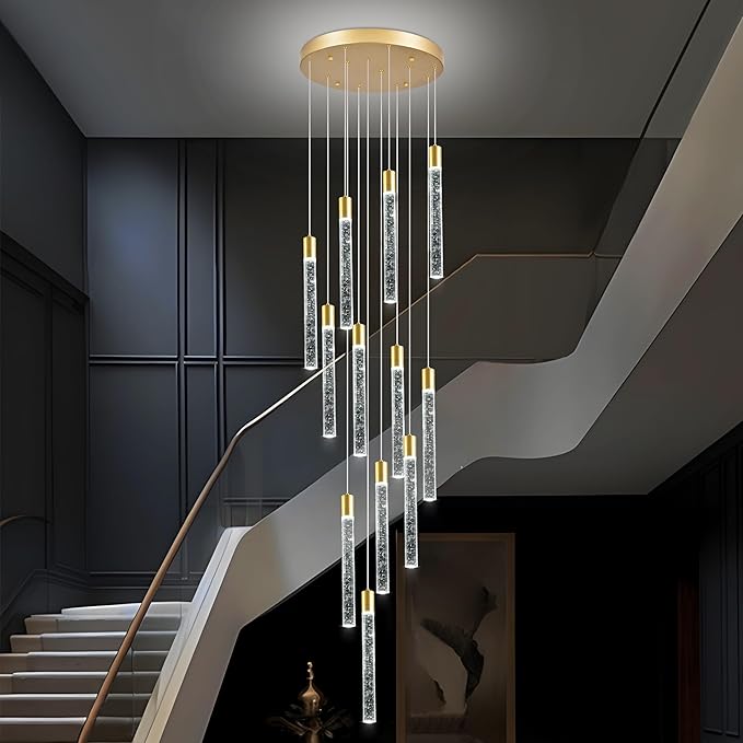 12-Lights Bubble Chandelier for Entryway High Ceiling-137 Height Adjustable Crystal Chandelier,3 Color Temperature Dimmable LED Pendant Light Fixture for Foyer Living Room Staircase,Gold