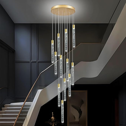12-Lights Bubble Chandelier for Entryway High Ceiling-137 Height Adjustable Crystal Chandelier,3 Color Temperature Dimmable LED Pendant Light Fixture for Foyer Living Room Staircase,Gold