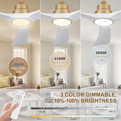 White Gold Ceiling Fans with Lights,52 inch Solid Wood Ceiling Fan with Remote Control,Wall Switch,Dimmable,Reversible,Power Off Memory Modern Ceiling Fan for Bedroom Patio Indoor/Outdoor Use
