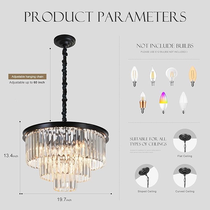 8 Lights Modern Contemporary Crystal Chandeliers Lights Pendant Ceiling Chandelier Lighting Fixture 3-Tier for Dining Room Living Room