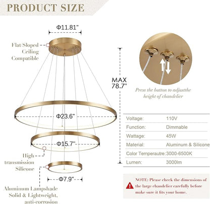 3 Rings LED Chandeliers Modern Gold Chandelier Dimmable Flush Mount Pendant Light Fixture Remote Control Contemporary Pendant Chandelier for Dining Room Bedroom Foyer, 3000-6500K