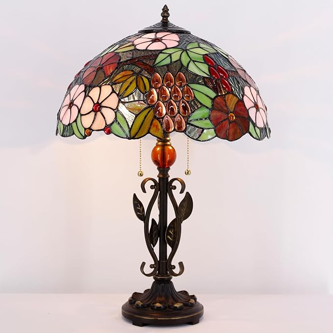 Tiffany Table Lamp Grapes Stained Glass Desk Reading Light 16X16X24 Inch Metal Leaf Base for Bedroom Living Room Home Office