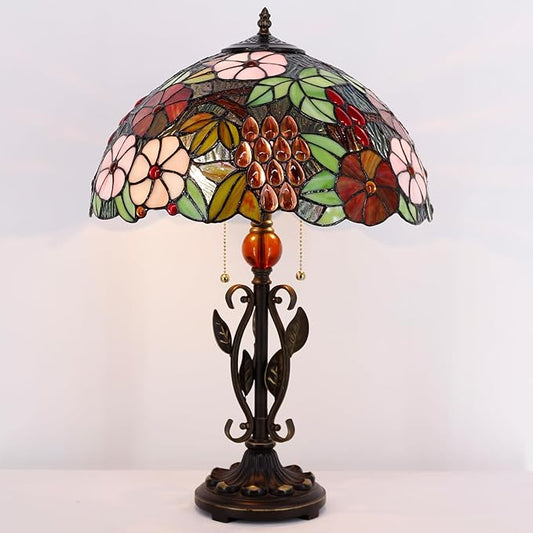 Tiffany Table Lamp Grapes Stained Glass Desk Reading Light 16X16X24 Inch Metal Leaf Base for Bedroom Living Room Home Office