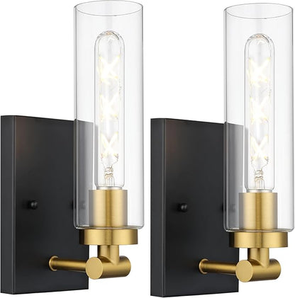 Emak Black and Gold Wall Sconces Set of Two, Modern Wall Sconce with Clear Glass Shade, Farmhouse 2 Light Bathroom Vanity Light for Living Room, Bedroom, Gallery, WS086-BKBGD-CG-2PK