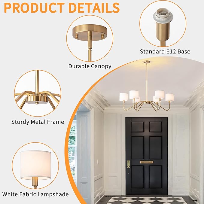 Modern Gold 6-Lights Chandelier, 39" Pendant Light with White Fabric Shade Adjustable Classic Chandelier Light Fixtures for Kitchen Island Dining & Living Room Entryway