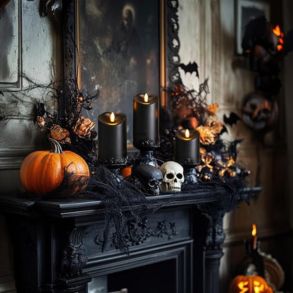 Homemory Black Flameless Candles, Halloween Candles Battery Operated with Remote and Timer, Flickering LED Pillar Candle for Theme Party, Holiday Decor, Set of 3