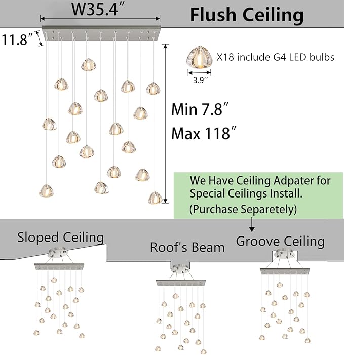 HAIXIANG W35 x D11.8 x H118 Rectangular Chandelier Bubble Crystal Balls Glam Chandeliers Dimmable Light High Ceiling Pendants Light Fixtures Adjustable Long Lights Brushed Nickel