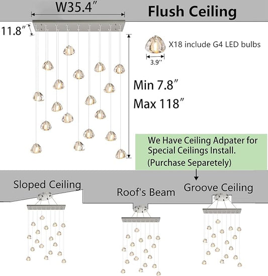 HAIXIANG W35 x D11.8 x H118 Rectangular Chandelier Bubble Crystal Balls Glam Chandeliers Dimmable Light High Ceiling Pendants Light Fixtures Adjustable Long Lights Brushed Nickel