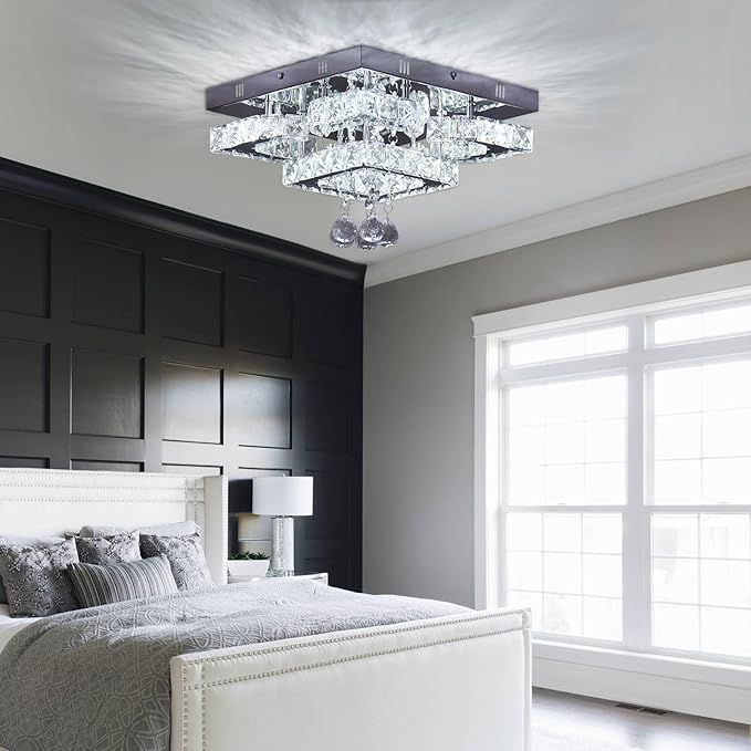 11.8" Modern Crystal Chandelier LED Ceiling Light Fixture Suitable for Kitchen Corridor Hallway Bedroom Bathroom Dining Room 4 Petals/Raindrop Ball Square Wall Switch （White Light）