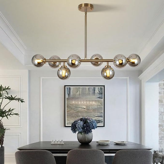 Sputnik Chandelier Gold Pendant Linear Light Modern Mid Century Light Fixture Grey Globe Shade for Dining Living Room Kitchen Island 8-Light