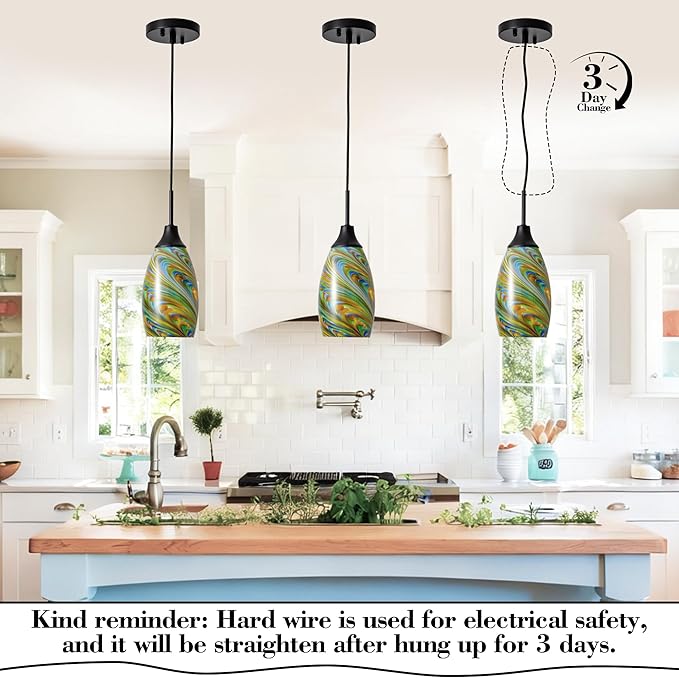 Viinew Mini Glass Pendant Light 4.72" Oval Pendant Lights 3-Pack Handblown Colorful Art Glass Hanging Pendant Light for Kitchen Island Dining Room Living Foyer Hallway Entry Matte Black Metal