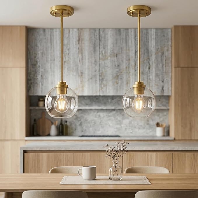 Gold Pendant Light, 7 Inch Clear Glass Farmhouse Hanging Fixture, Adjustable Height & Sloped Ceiling Compatible for Kitchen Island Dining Room Entryway Bedroom Hallway, 2 Pack
