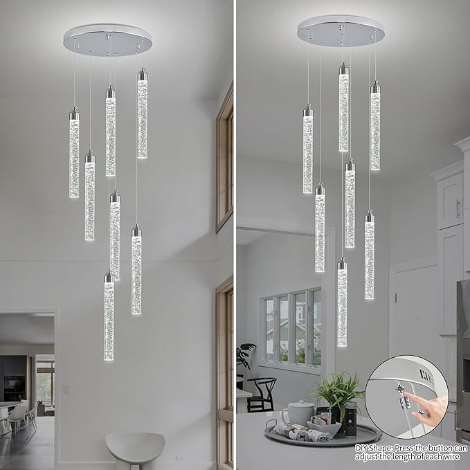 Crystal Staircase Chandelier, Modern Chrome Spiral Dimmable LED Cluster Raindrop Foyer Chandelier Lighting, Bubble Living Room Hanging Light Fixture 7 Light Remote Control