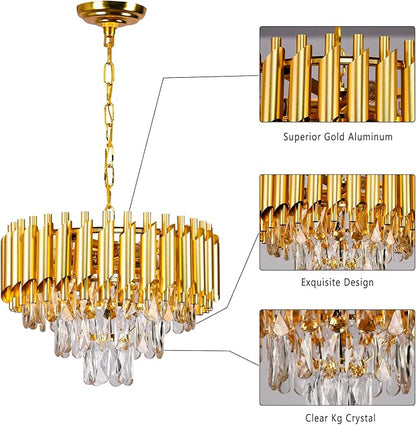 FRIXCHUR 16-Inch Modern Gold Crystal Chandelier, Ceiling Light Fixture, Adjustable Pendant Light – Suitable for Dining Room, Foyer, Kitchen and Bedroom
