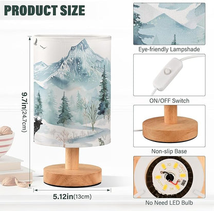 Table Lamp Watercolor Winter Forest Tree Animal Mountain Bear Deer Owl Nightstand Lamp with Wood Base Fabric Lamp Shade Bedside Desk Lamp for Living Room Bedroom Kids Room Office